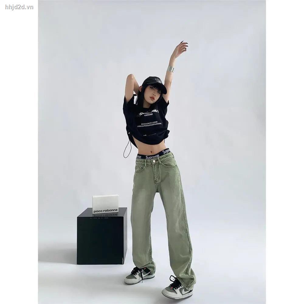 Quần jean dài ống rộng lưng cao màu xanh lá nhạt size lớn phong cách Mỹ thời trang cho nữ