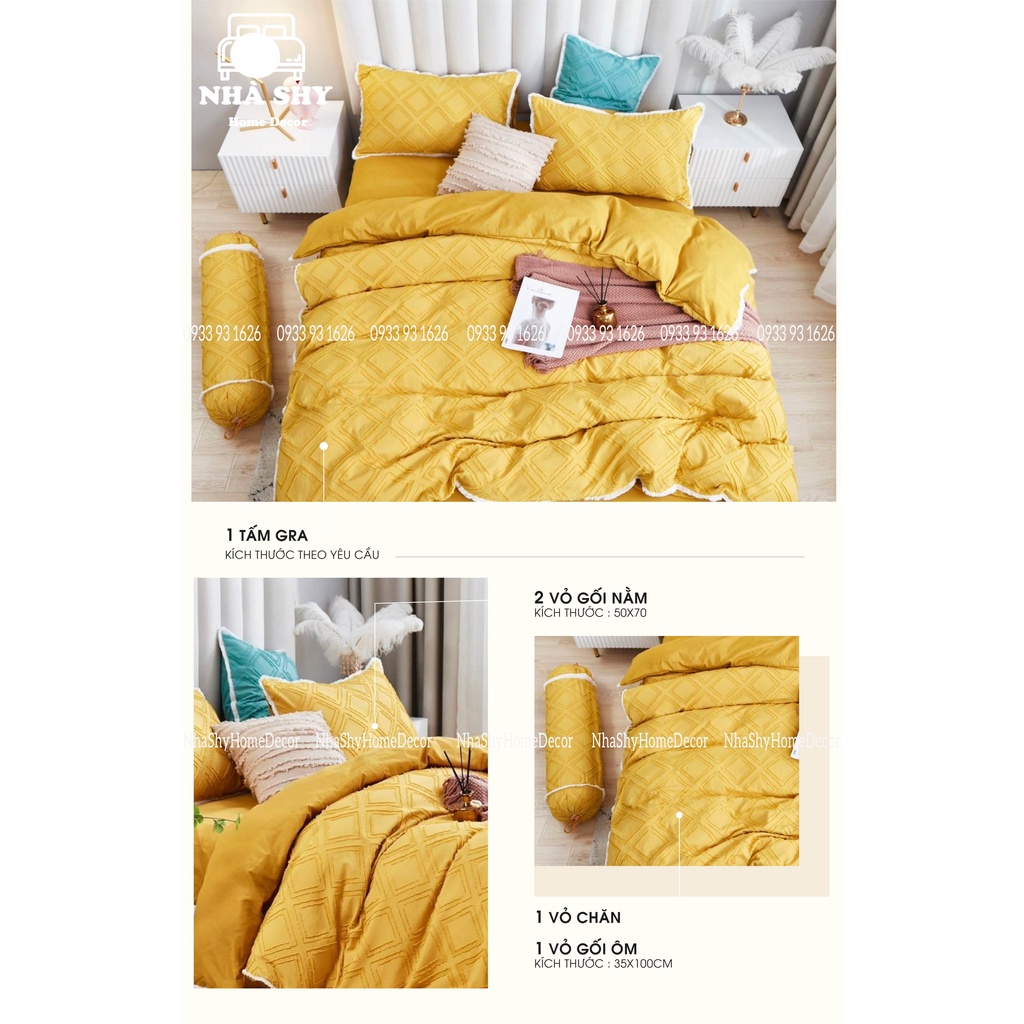 Trọn Bộ 5 Món Ga Gối Cotton Đũi Hàn Quốc - Họa Tiết Đa Giác - Chất Liệu Cotton Đũi Thoáng mát - Set vỏ chăn