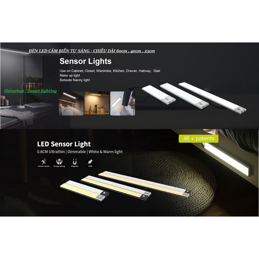 Đèn LED gắn tủ tự động sáng , pin sạc dài 60cm 40cm 23cm dùng gắn tủ quần áo , tủ chén , cầu thang tích hợp pin sạc