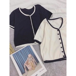 Áo croptop nút phối viền thun gân dày dặn crop nút