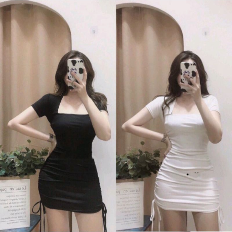 Áo đầm cổ vuông ôm body rút sường cực dễ thương