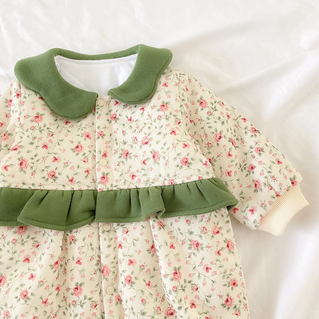 Áo liền quần SANLUTOZ tay dài in hoa dễ thương giữ ấm mùa đông cho bé gái sơ sinh