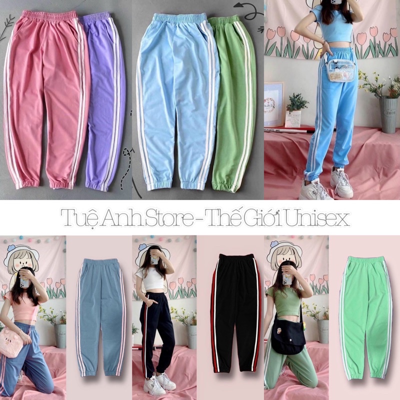 [11 Màu] Quần Dài Thể Thao Nam Nữ Ống Bo Unisex - Quần Jogger Line Ulzzang 2 Sọc Phom Rộng TUEANHSTORE Freesize 38-68kg