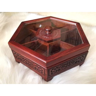 Khay mứt, khay bánh kẹo lục giác mặt kính triện laze gỗ hương- đường kính 31cm