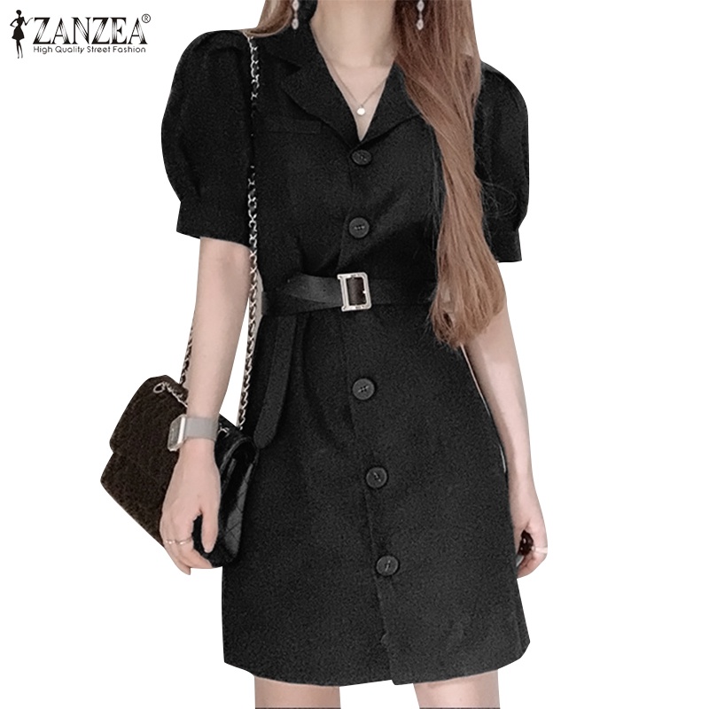 Zanzea Đầm Midi Ngắn Tay Cổ Bẻ Thời Trang Vintage Đường Phố Cho Nữ (Không Kèm Thắt Lưng)