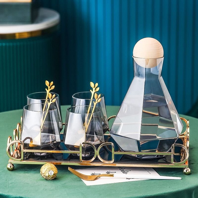 Bộ Bình Nước , Ấm Tách Trà Thủy Tinh mẫu  Màu Trà Họa Tiết Châu Âu