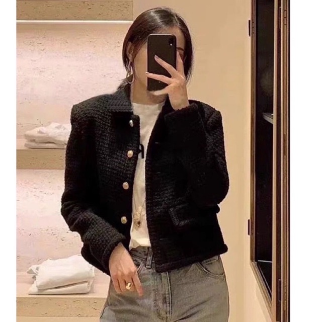 Áo khoác dạ tweet đen cổ bẻ hai lớp khuy đồng siêu hot pl om