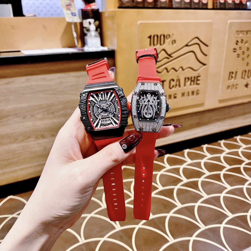 Đồng Hồ Nam Nữ Hanboro Nam Máy Automatic, Nữ Máy Pin , Dây Cao Su Màu Đỏ , Size 36mm/48mm fullbox
