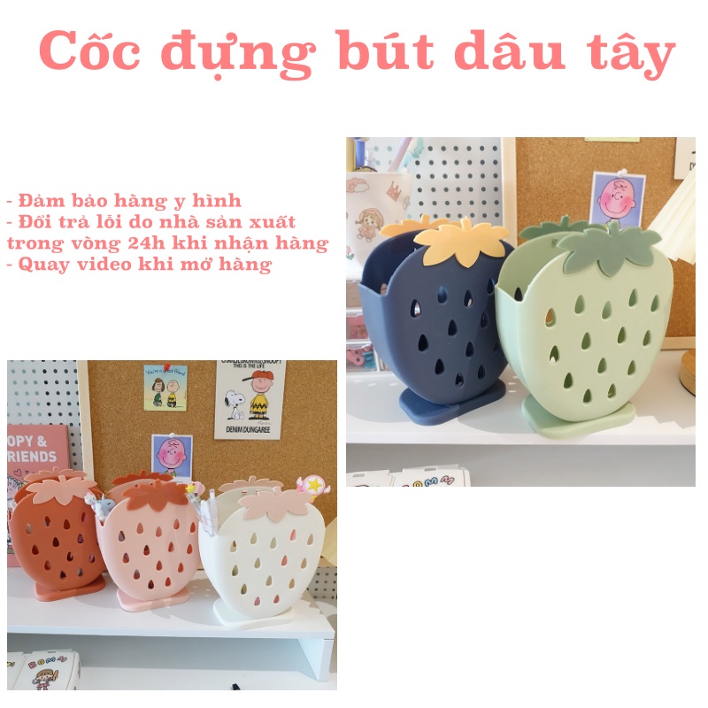 Hộp đựng bút hình dâu tây, cốc nhựa đựng mỹ phẩm đa năng decor để bàn dạng lỗ đan URI DECOR