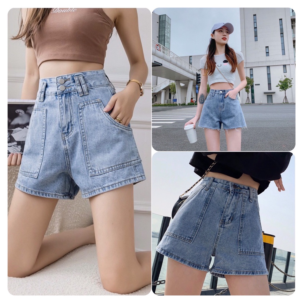 Quần ngố sooc bò jean nữ cạp cao hàng Quảng Châu phong cách Hàn Quốc sành điệu style năm 2021
