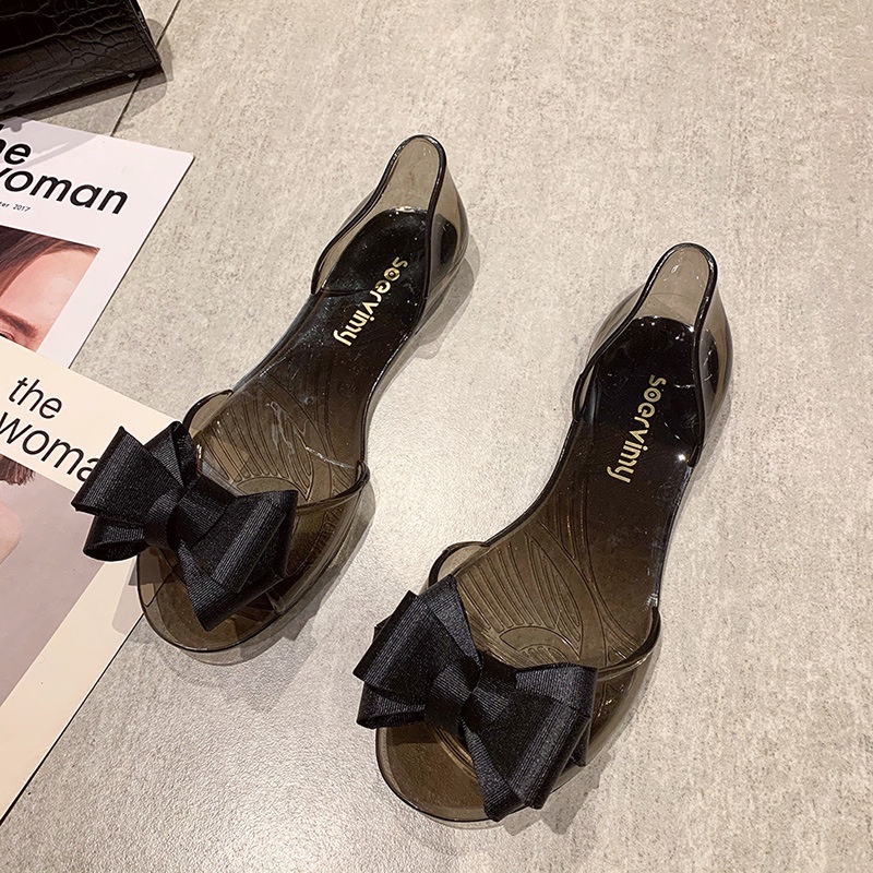 Giày Búp Bê Nhựa Trong Suốt Chống Trượt Miệng Nông Đính Nơ Phối Màu Dễ Thương Cho Nữ