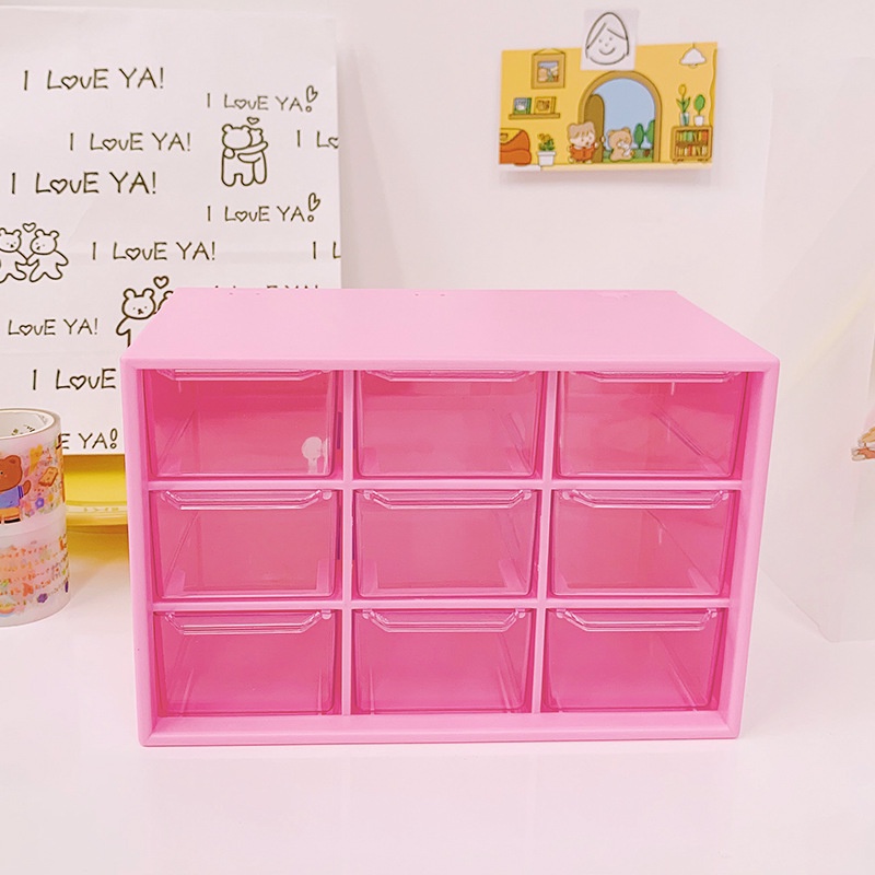 Tủ Mini 9 Ngăn Kéo Dễ Thương Để Bàn Chống Bụi Đựng Trang Sức Mĩ Phẩm Đồ Dùng Học Tập