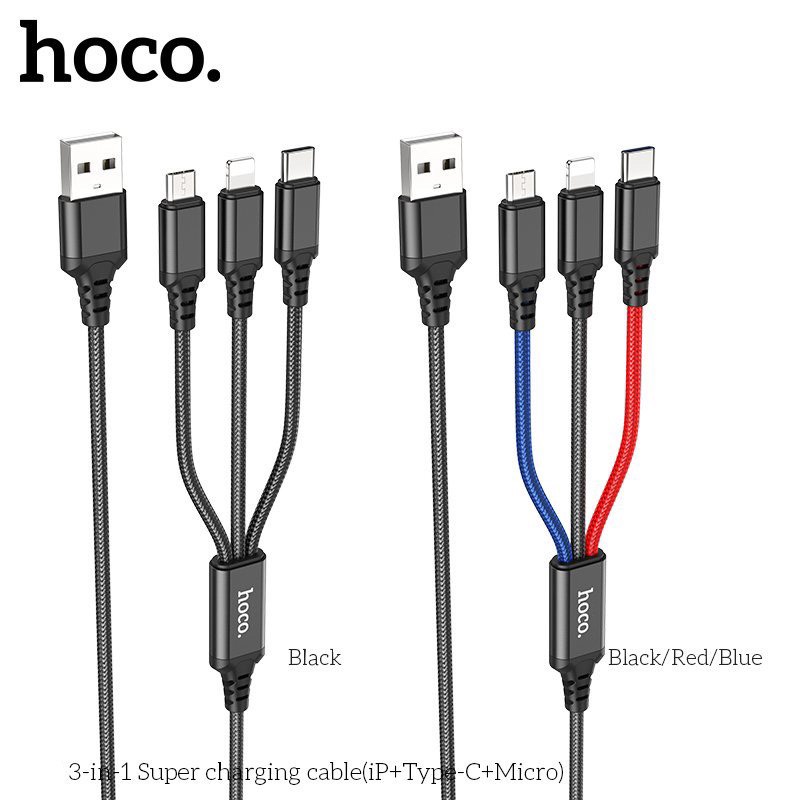 Dây sạc 3 in 1 chính hãng Hoco - Cáp bọc dù 3 đầu đa năng sạc nhiều thiết bị cùng lúc hocomall