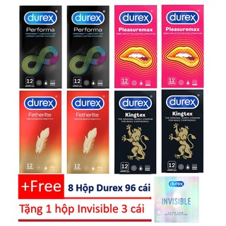 Combo 8 hộp 96 cái bao cao su durex tùy chọn + tặng 1 hộp invisible 3 cái