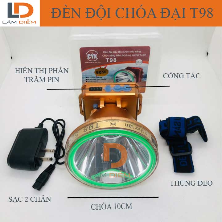 ĐÈN PIN SẠC ĐỘI ĐẦU KÍN NƯỚC SIÊU SÁNG HIỂN THỊ % PIN 3 CHẾ ĐỘ T92-T95-T98