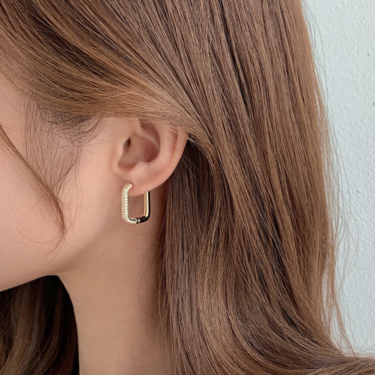Bông Tai Mạ Vàng 14K Hình Chữ Nhật Đính Đá Zircon 3 Kích Cỡ Phong Cách Hàn Quốc Cho Nữ