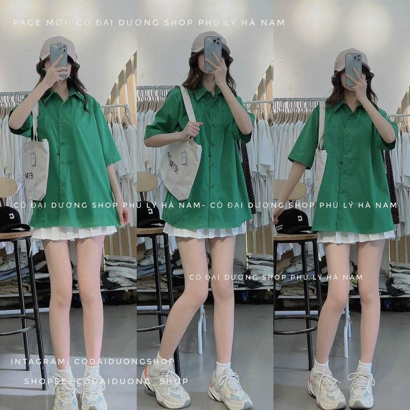 Áo Sơ mi tay lỡ màu xanh lá đậm chất thô dày dặn hot hít