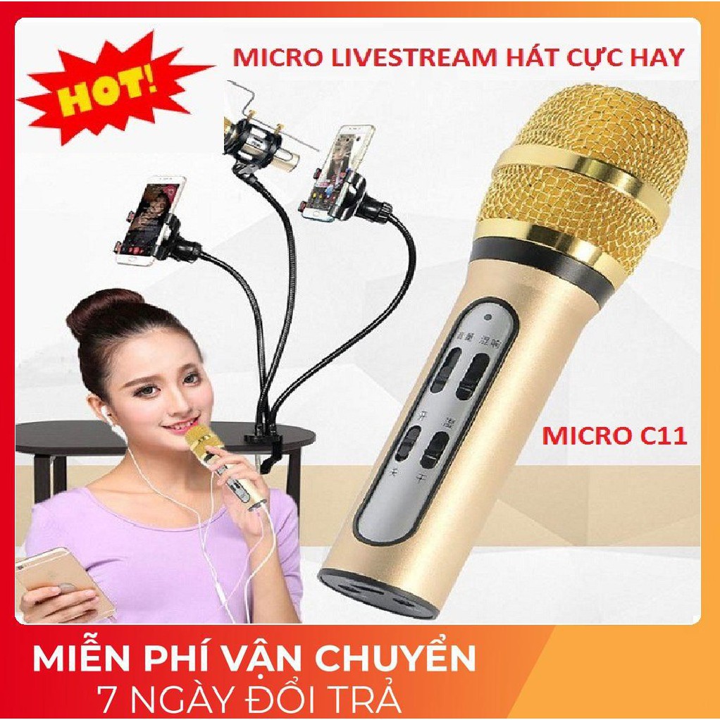 Micro, mic Livestream C11 (Loại 1, đủ phụ kiện) Thu Âm Hát Karaoke Livestream 3 in 1 tặng tai nghe