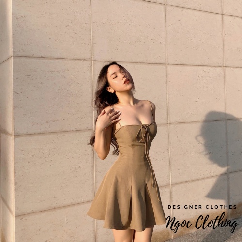 Váy 2 dây đơn giản màu beige và đen NGOCCLOTHING nữ  Đầm 2s ngắn dáng xoè, cột nơ phong cách lolita, đáng yêu