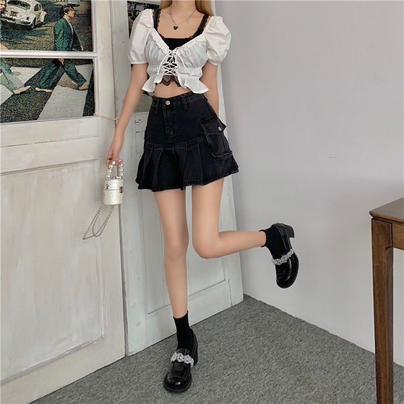 Jiashucheng Chân Váy Denim Chữ a Lưng Cao Xếp Ly Thời Trang Mùa Hè 2023 Cho Nữ