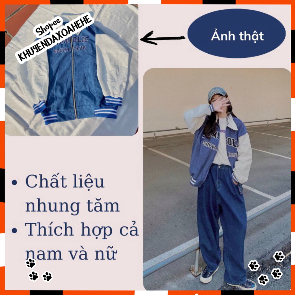 AK010 Áo khoác thu đông nhung tăm xanh nam nữ tay trắng dáng rộng khóa kéo Ulzzang, áo bomber tay bồng form to unisex cổ