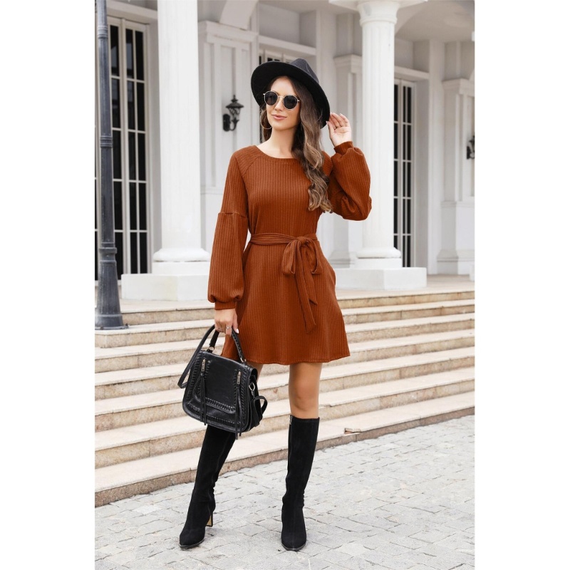 Đầm Tay Dài Cổ Tròn Lưng Cao Có Túi Thời Trang Đường Phố Cho Nữ