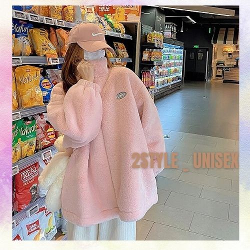 Áo lông logo unisex màu hồng, trắng / Áo khoác ngoài nam nữ form rộng phong cách Hàn Quốc 2style-unisex