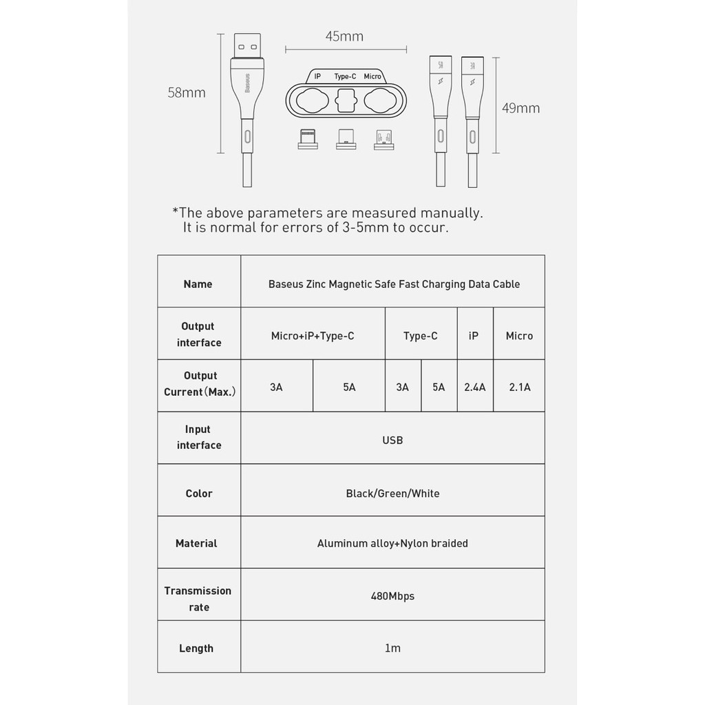 Cáp sạc nhanh và truyền dữ liệu từ tính Baseus Zinc Magnetic USB to M+L+C (3A, dài 1M)