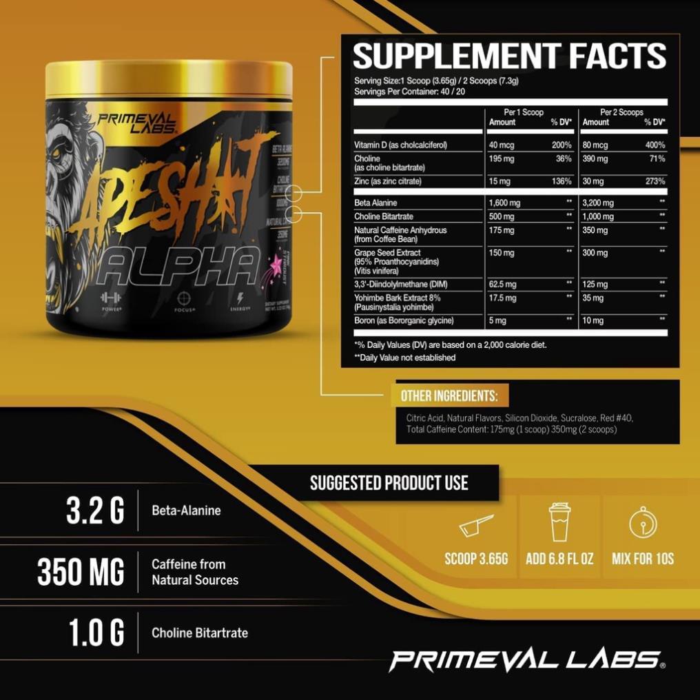 Primeval Labs Apeshit Alpha Pre Giúp Tập Trung Tinh Thần, Tỉnh Táo, Tăng Sức Mạnh (150 Gram)