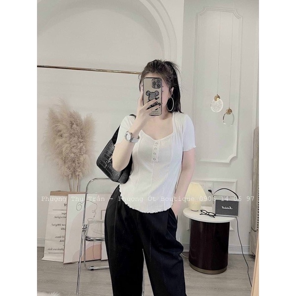 áo thun gân vạt bầu phối nút may viền cực đẹp