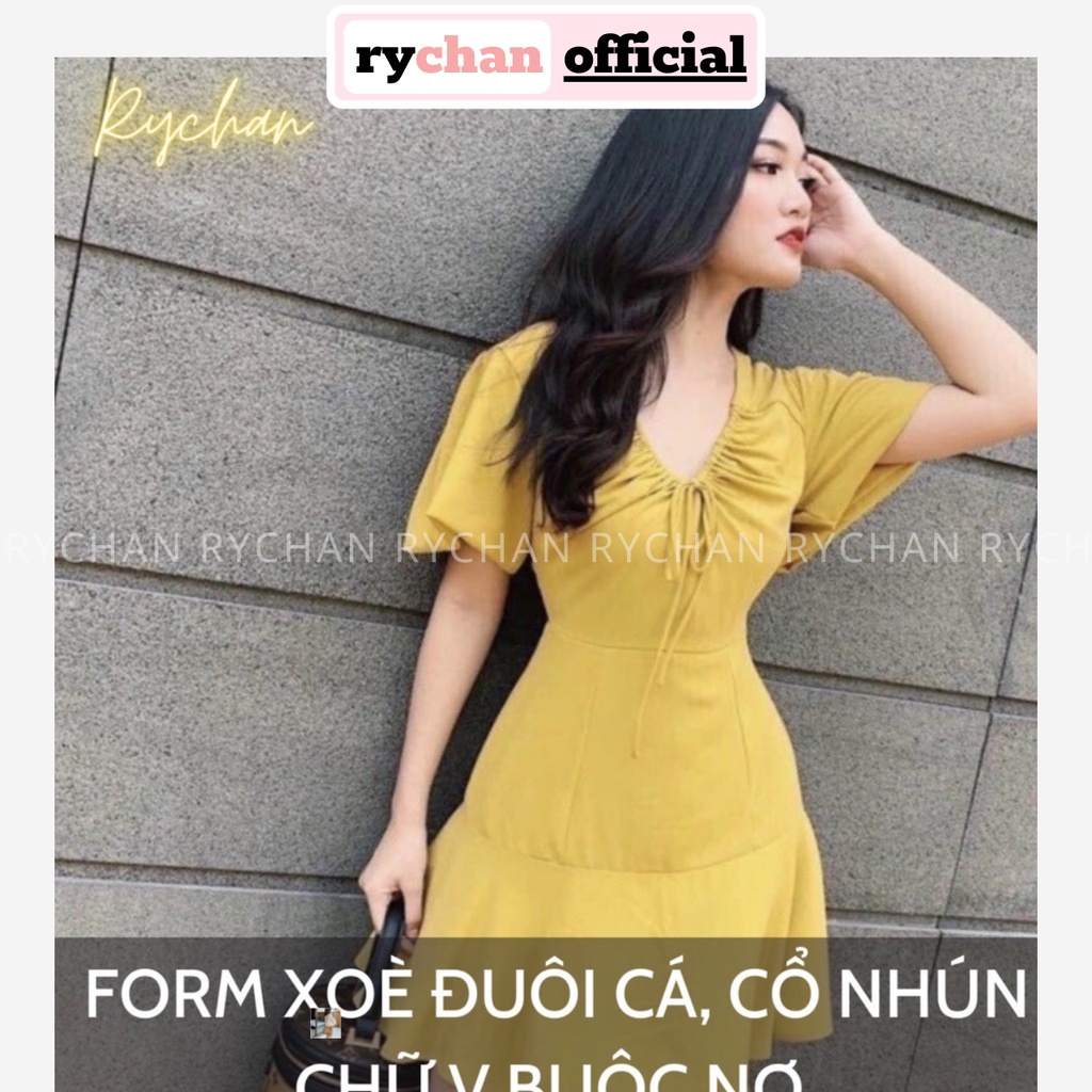 Đầm Xoè Vàng Đuôi Cá Cổ V Nơ Cổ - DX0132