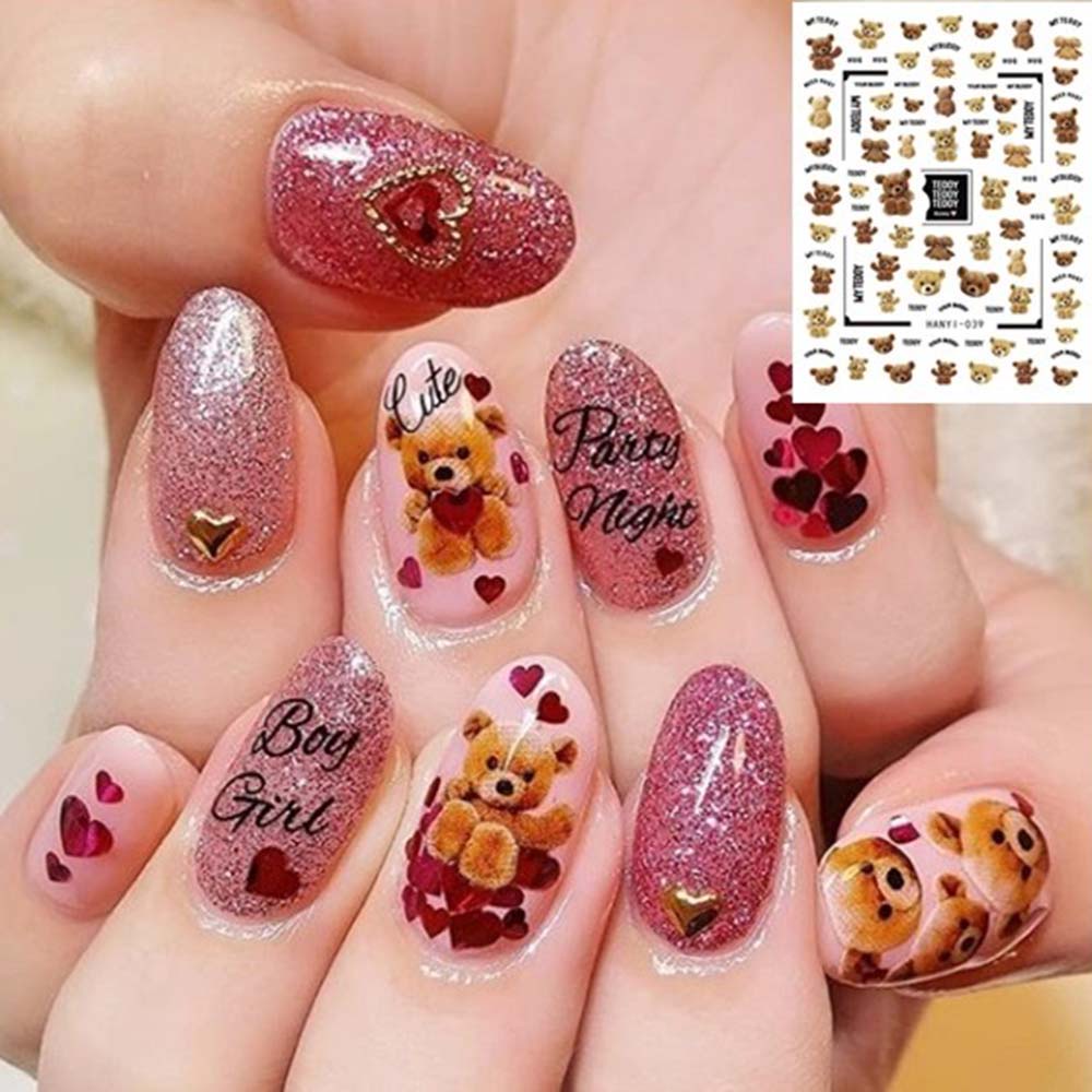 [Hàng mới về] Đề can dán trang trí móng nghệ thuật 3D hình gấu dễ thương thiết kế tinh xảo tự làm acrylic lá bạc