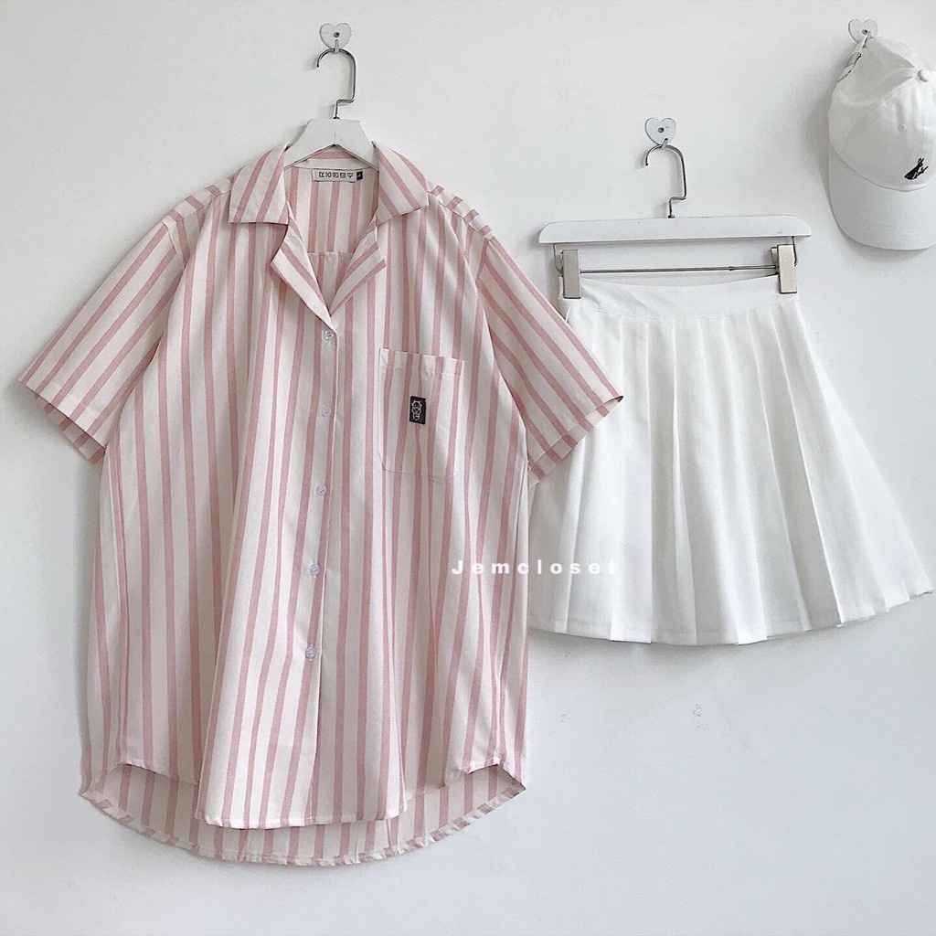 Áo Sơ Mi Nữ Tay Ngắn Sọc Hồng Sơ Mi Nữ Form Rộng Cổ V Chất Liệu Thô Hàn Mềm Mát HALL Thời Trang Nữ 10052