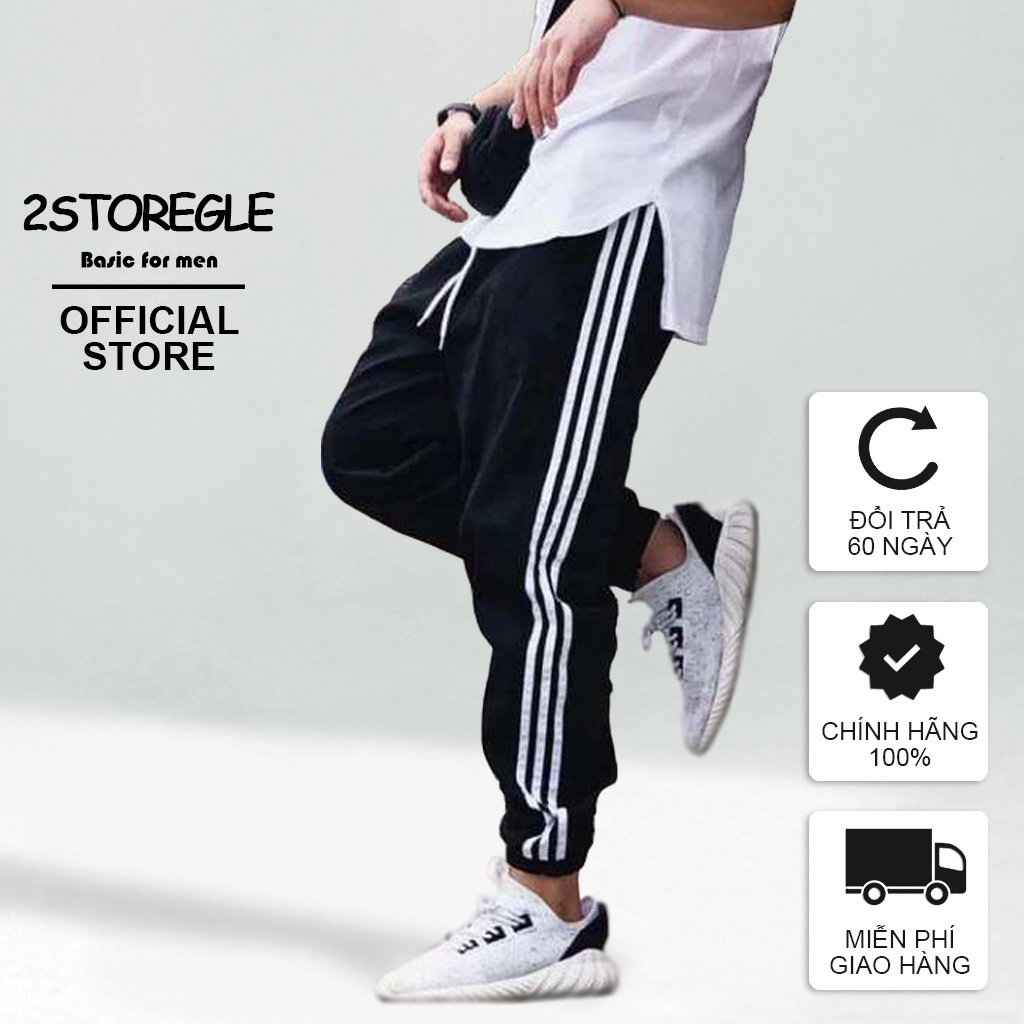 Quần Thể Thao Nam Đen Ba Sọc Trắng 2STOREGLE Kiểu Dáng Ống Suông Ống Bo Chất Vải Không Xù Lông