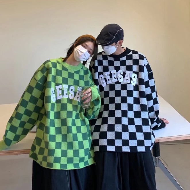 Áo sweater nam dệt kim cổ tròn kẻ sọc caro tùy chọn màu sắc phong cách vintage thời trang Hàn Quốc cho unisex bigsize bảng chữ cái áo len nam fashion simple áo nỉ sweater nữ