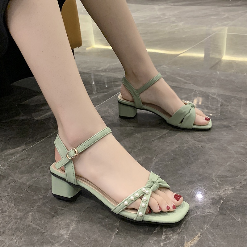 Sandal Cao Gót Guốc ULZZANG 5 Phân Quai Chéo Mũi Vuông