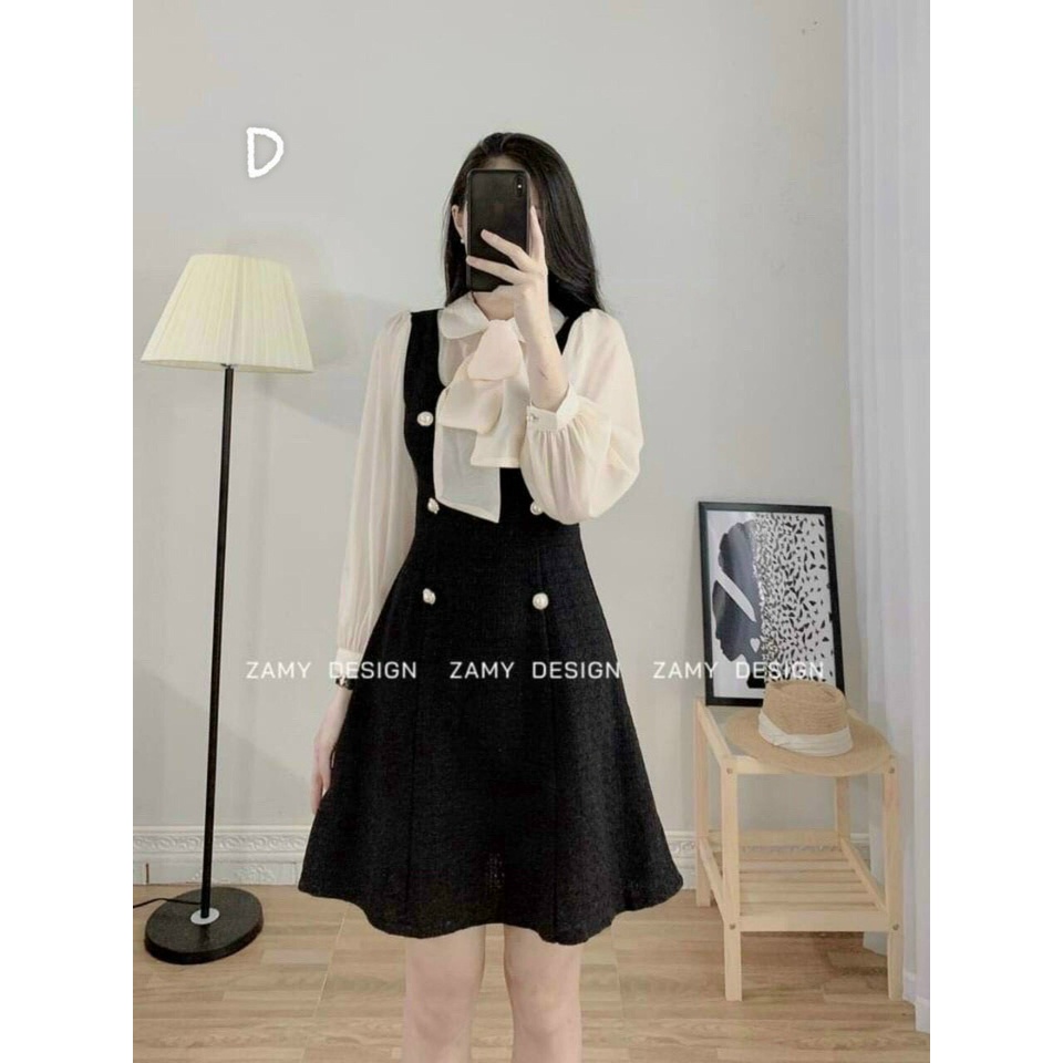 Đầm công chúa dự tiệc, đầm đen tiểu thư đính nút cột nơ cổ phối tay voan, đầm tay phồng bánh bèo đi chơi dễ thương
