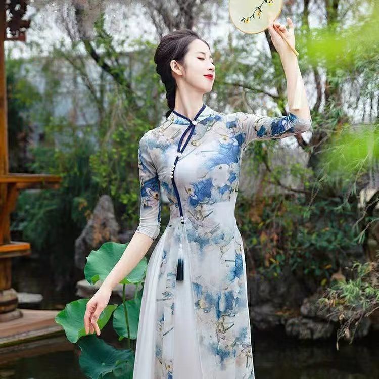 [M &amp; E] Đầm Sườn Xám Truyền Thống Trung Hoa Truyền Thống Trang Phục Múa Dân Tộc Thanh Lịch Cho Nữ