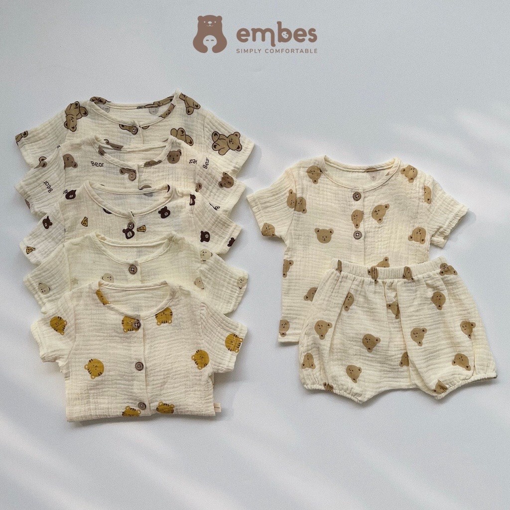 Bộ quần áo vải đũi hình gấu cho bé