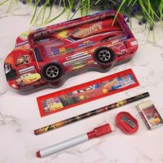 Hộp bút 2 ngăn hình ô tô cho bé kèm set dụng cụ học tập