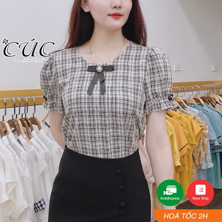 [Mã FAGREEN245 giảm 10% tối đa 30K đơn 99k] Áo sơ mi nữ cao cấp công sở Cúc Fashion A201 áo somi kẻ nơ cài đen