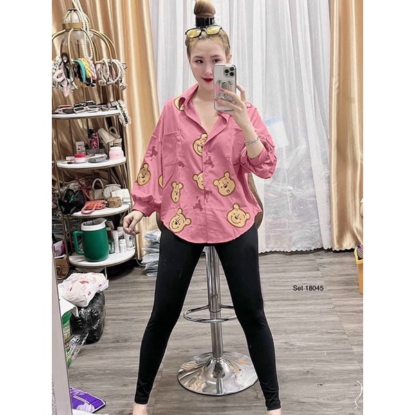 Sét Bộ Đồ ,sét bộ áo sơ mi quần legging,et Bộ Đồ Đi Chơi Nữ Áo Sơ Mi Mickey Quần Legging Lửng Ngố"
