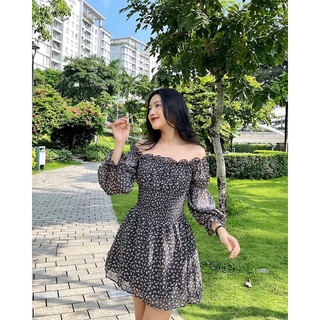 Đầm voan trễ vai bo chun eo - MERR