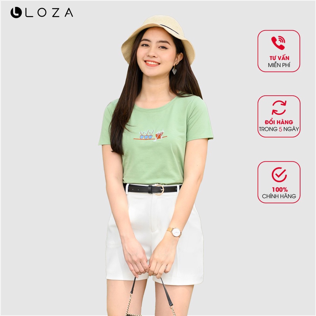 Áo phông thêu hình chậu cây màu xanh-LOZA PT02105 | BigBuy360 - bigbuy360.vn