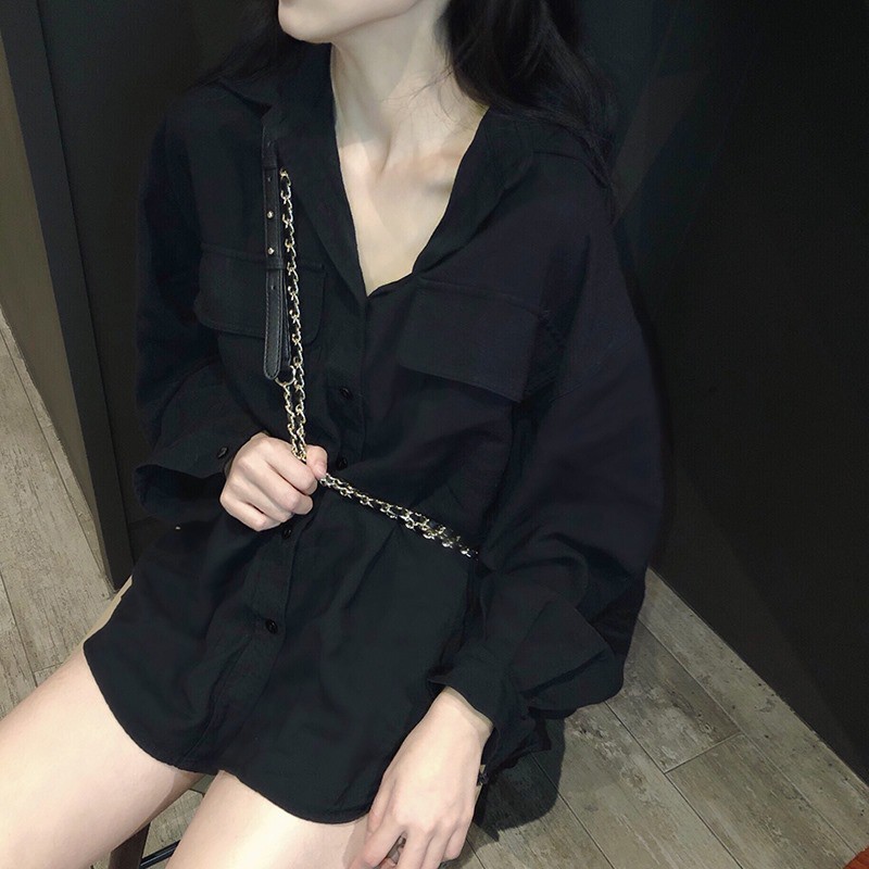 Sơ mi lụa basic màu đen 2 túi ngực A078