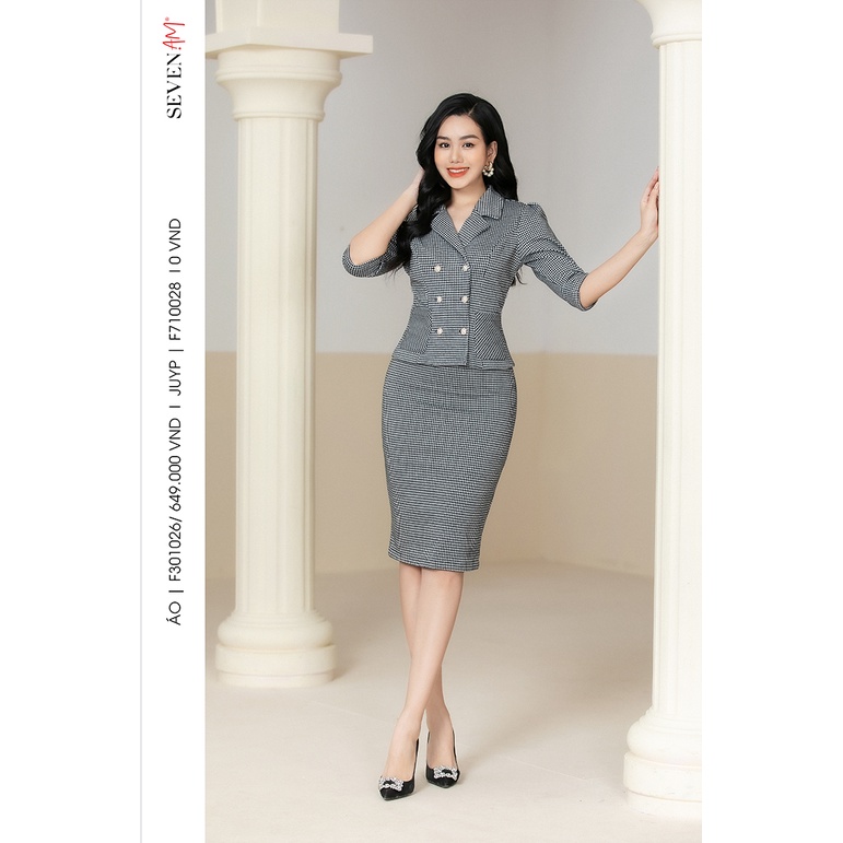 Set Áo Vest Seven.AM Kiểu Dáng Tay Lửng Chất Thô Họa Tiết Caro Đen Trắng F301026N & Chân Váy Seven.AM Dáng Ôm Mã F710028 | BigBuy360 - bigbuy360.vn