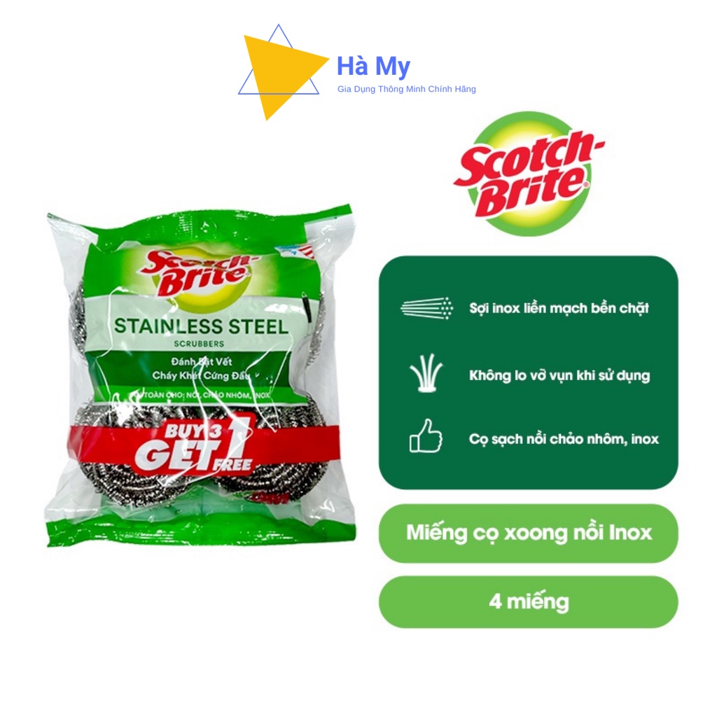Gói 4 Miếng Cọ Rửa Xoong Nồi Inox 3M Scotch Brite An Toàn Vệ Sinh,Độ Bền Cao,Tiết Kiệm Chi Phí,Không Gãy Vụn