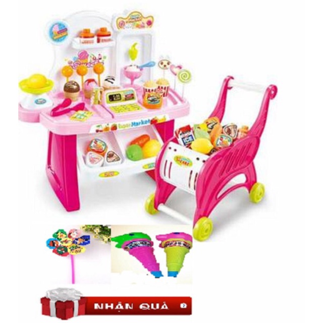 combo Siêu thị+ Máy tính tiền+ xe đẩy siêu thị dùng pin có âm thanh và ánh sáng