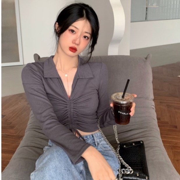 QADCOL Áo lửng tròng đầu tay dài dáng ôm phối dây rút hợp thời trang