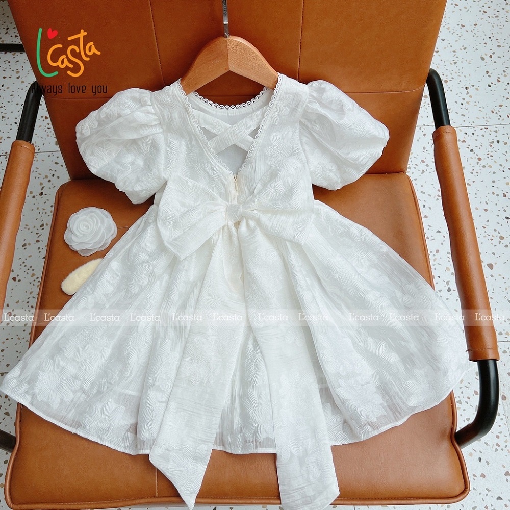 Váy cho bé gái - Váy công chúa tay phồng nơ lưng dáng xòe họa tiết sang trọng cho bé từ 1 đến 8 tuổi chất tơ đũi mềm mịn